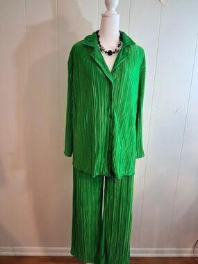 Green Pleated Two-Piece Set